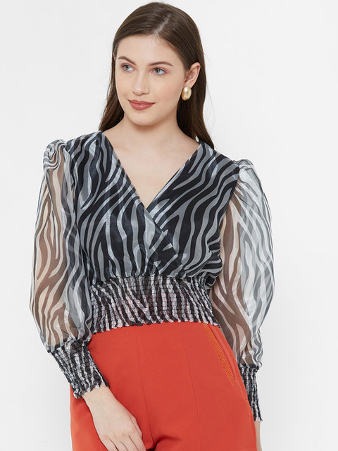 

bebe Women Black Zebra Skin Printed Blouson Top