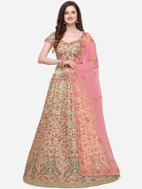

NAKKASHI Sea Green & Pink Embroidered Unstitched Lehenga & Blouse with Dupatta