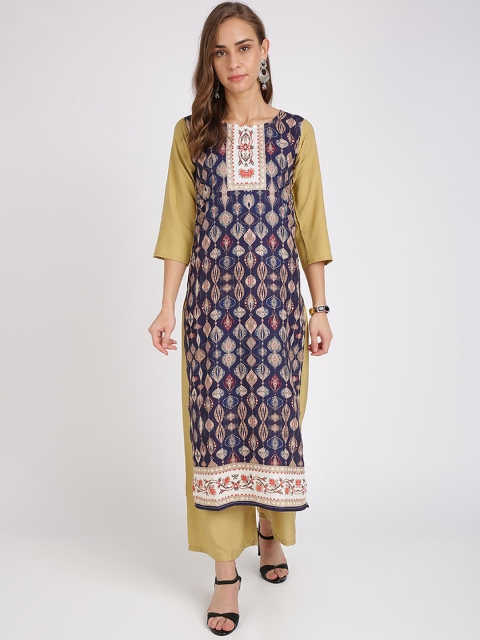 

Florence Women Navy Blue & Khaki Printed Straight Kurta