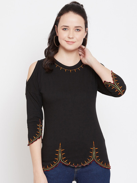 

Hypernation Women Black Embroidered Pure Cotton Top