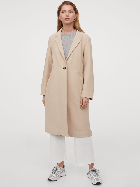 

H&M Women Beige Solid Single-Breasted Coat