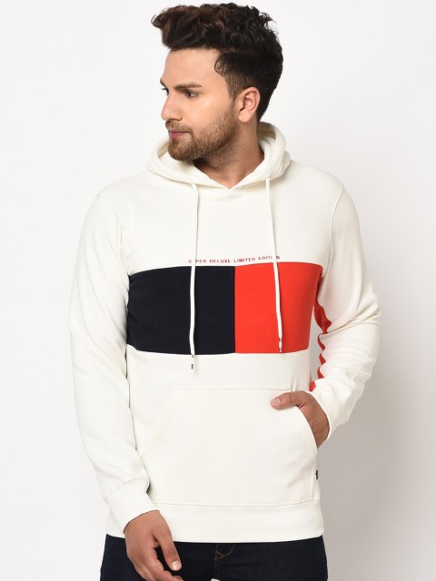 

98 Degree North Men Off-White Colourblocked Hooded Sweatshirt