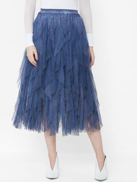 

bebe Women Blue Ruffle Trim Mesh Flared Midi Skirt