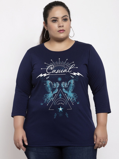 

plusS Women Navy Blue & White Printed Top