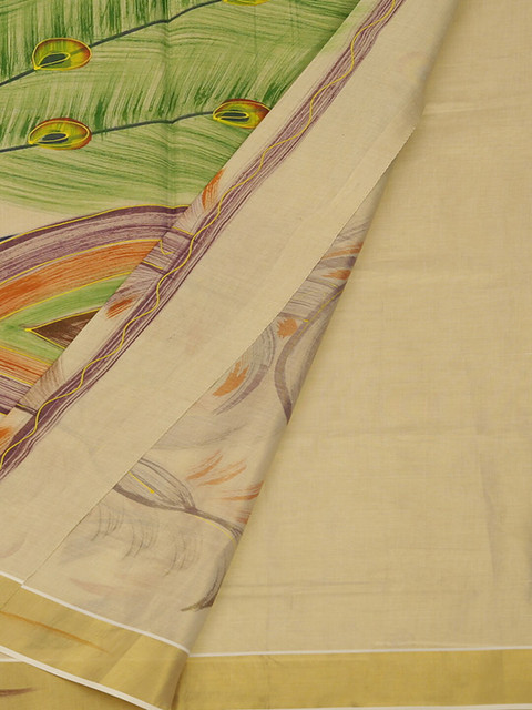 

Pothys Cream-Coloured & Green Pure Cotton Printed Saree