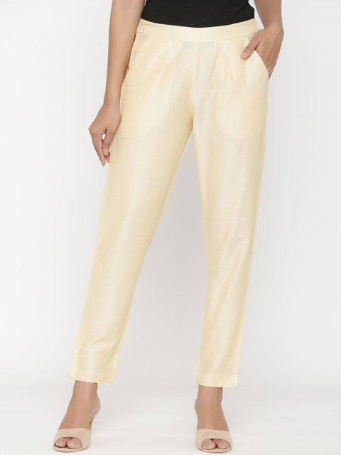 

RANGMAYEE Women Cream Slim Fit Solid Cigarette Trousers