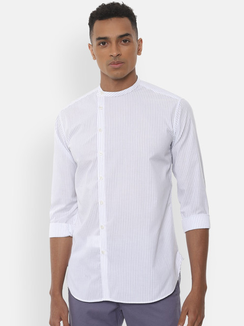 

V Dot Men White Slim Fit Striped Casual Shirt