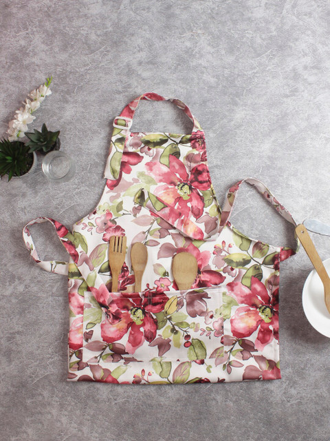 

HOUZZCODE Unisex Off-White Red Floral Printed Apron