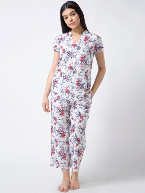

ADORENITE Women White & Navy Blue Printed Night suit