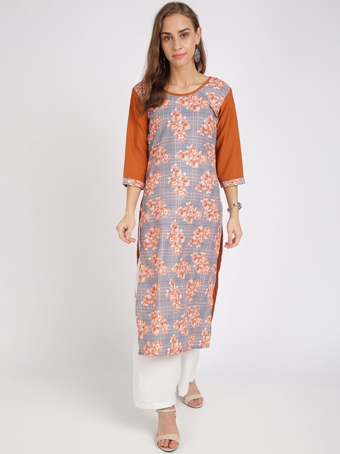 

Florence Women Grey & Orange Floral Printed Straight Kurta