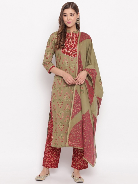 

Vbuyz Women Taupe & Maroon Printed Kurta with Trousers & Dupatta