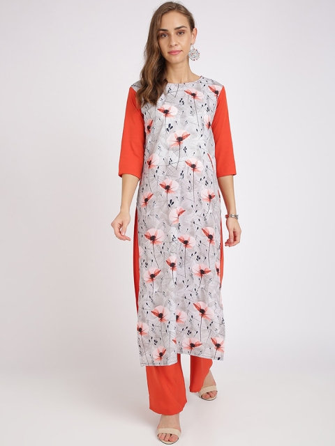Florence Women Rust Orange & Off-White Printed Straight Kurta