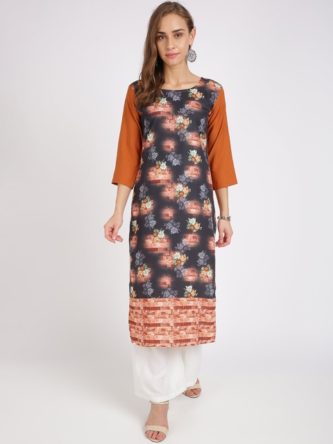 Florence Women Brown & Black Printed Straight Kurta