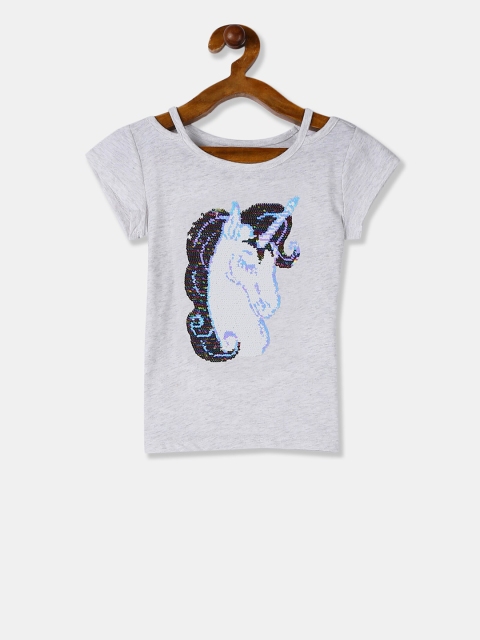 

The Childrens Place Girls Grey Melange & Black Sequinned Printed Top