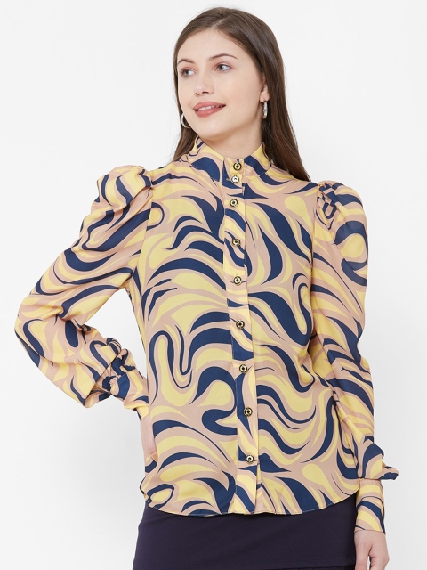

bebe Women Yellow & Navy Blue Regular Fit Printed Casual Shirt