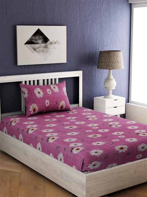 

EverHOME Pink & Off-White Floral 144 TC Cotton 1 Single Bedsheet with 1 Pillow Covers