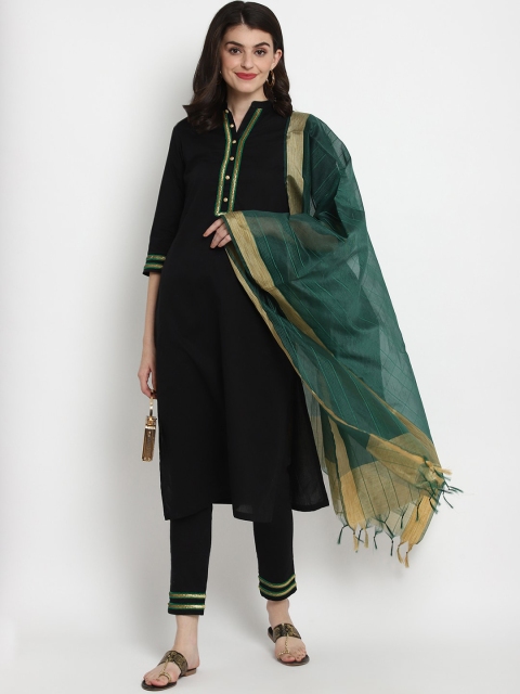 

Tulsattva Women Black & Green Solid Kurta with Trousers & Dupatta