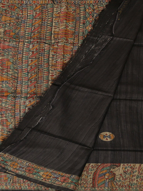 

Pothys Black Jute Silk Woven Design Tussar Saree