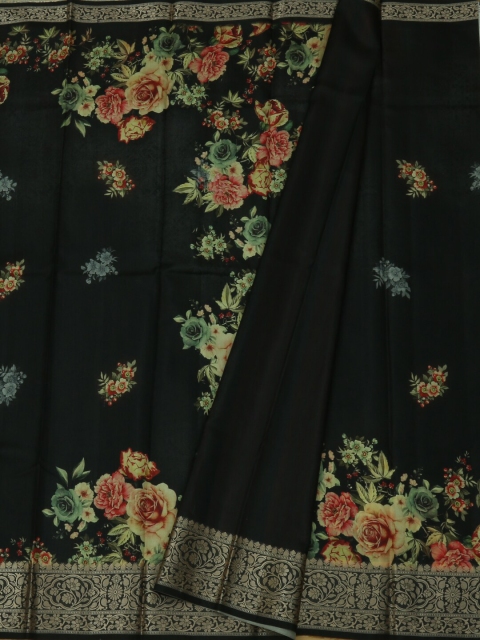 

Pothys Black & Orange Jute Silk Printed Saree