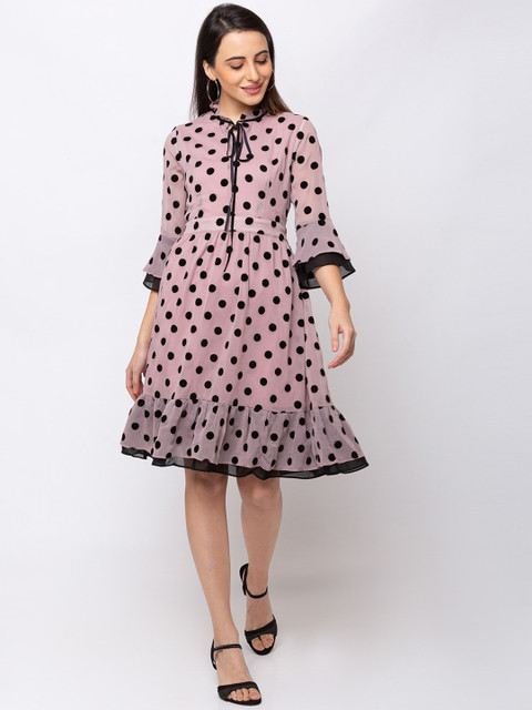 

SHECZZAR Women Pink Printed Fit and Flare Dress