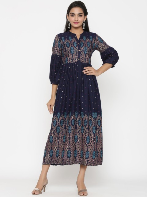 

RANGMAYEE Women Blue Printed Fit and Flare Dress
