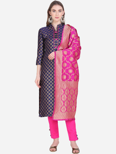 

SHAVYA Navy Blue & Pink Silk Blend Unstitched Dress Material