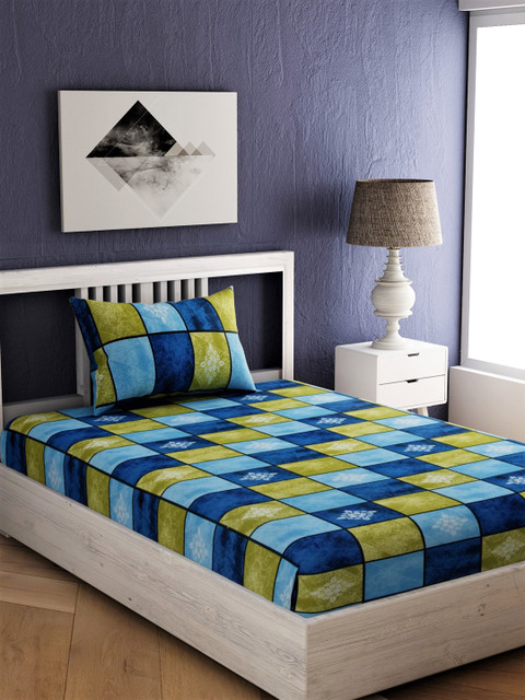 

EverHOME Blue & Green Geometric 144 TC Cotton 1 Single Bedsheet with 1 Pillow Covers