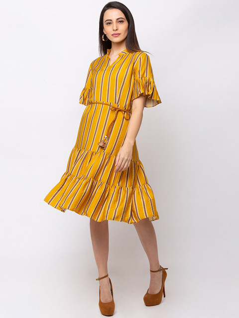 

SHECZZAR Women Yellow Striped A-Line Dress