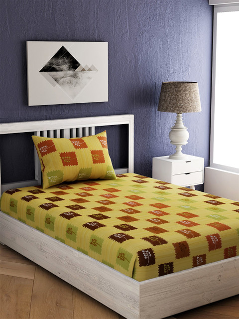 

EverHOME Yellow & Brown Floral 144 TC Cotton 1 Single Bedsheet with 1 Pillow Covers