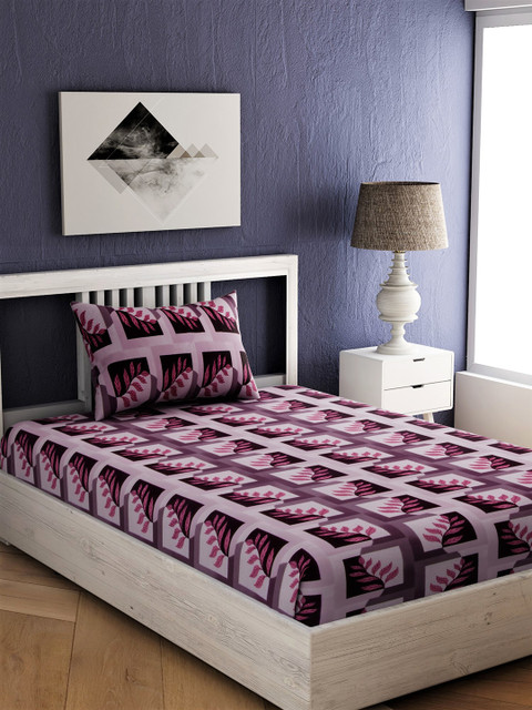 

EverHOME Purple & Coffee Brown Floral 144 TC Cotton 1 Single Bedsheet with 1 Pillow Covers