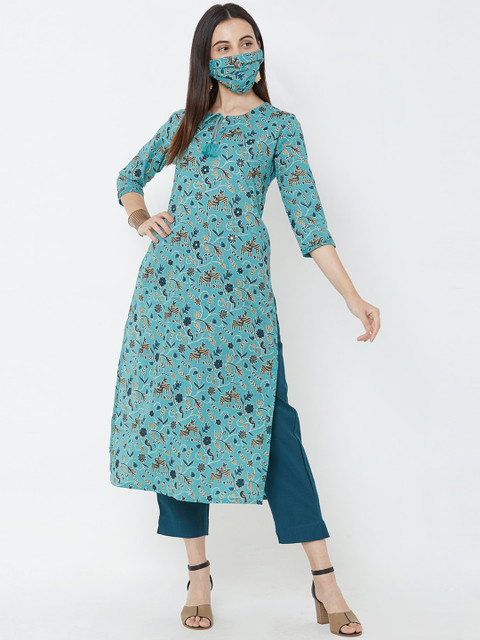 

FASHOR Women Teal Green Printed Kurta with Trousers