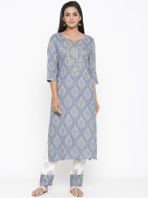 

WomenMagic Women Grey & White Printed Kurta with Trousers