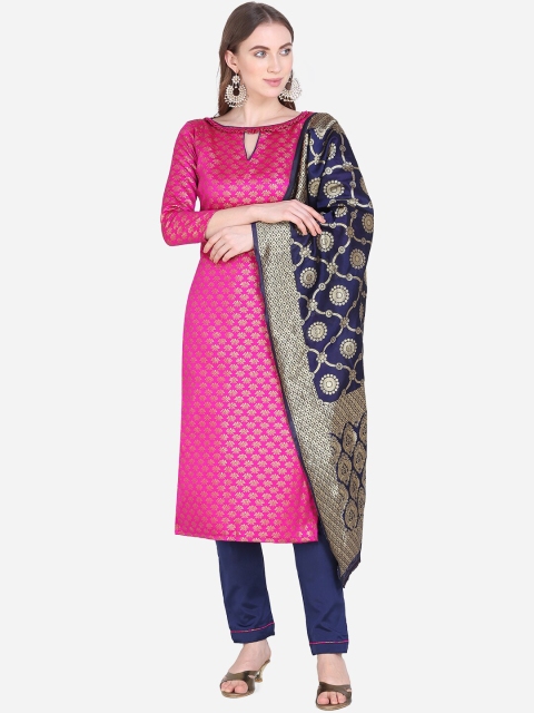 

SHAVYA Pink & Navy Blue Silk Blend Unstitched Dress Material