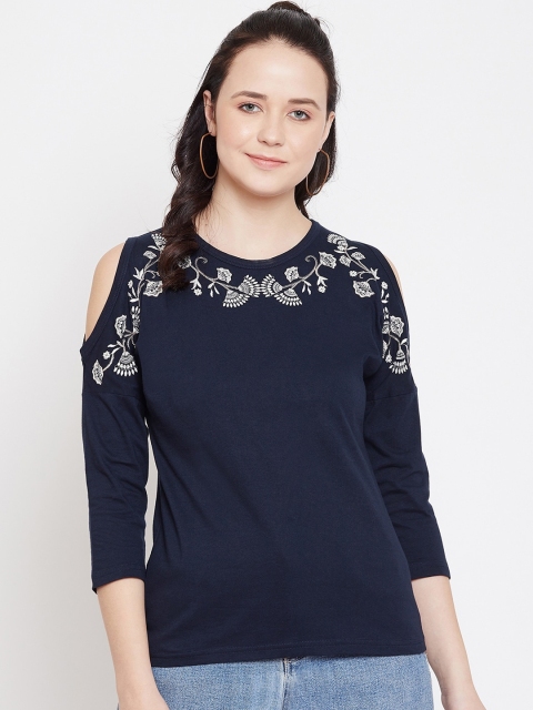 

Hypernation Women Navy Blue Embroidered Pure Cotton Top
