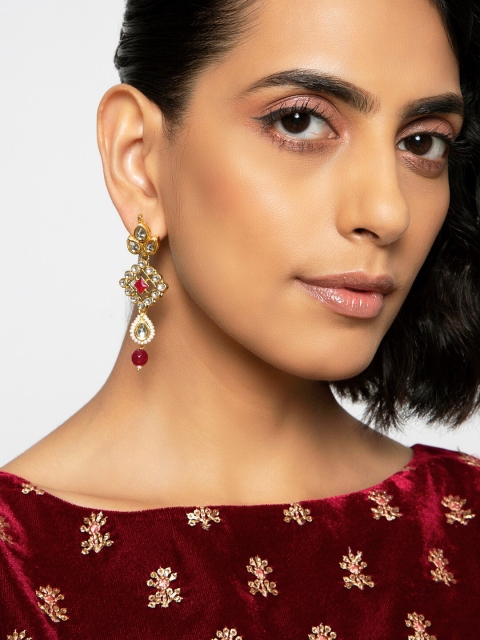 

INDYA Maroon Gold-Plated Handcraftd Classic Drop Earrings