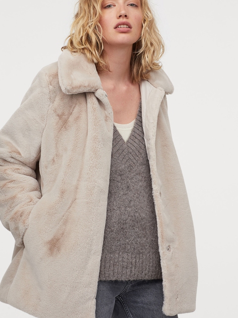 

H&M Women Beige Solid Faux Fur Coat