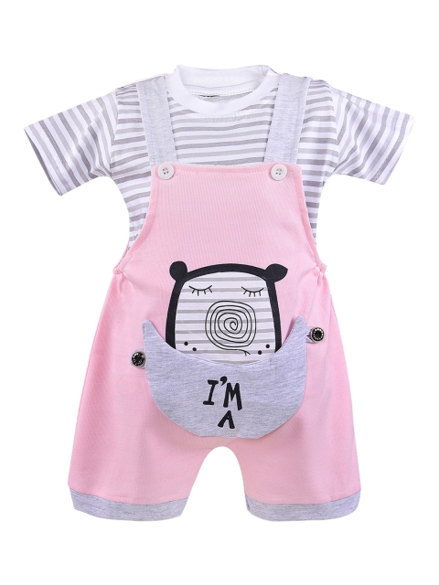 

Wish Karo Infant Kids Pink & Grey-Melange Printed Dungarees With T-Shirt