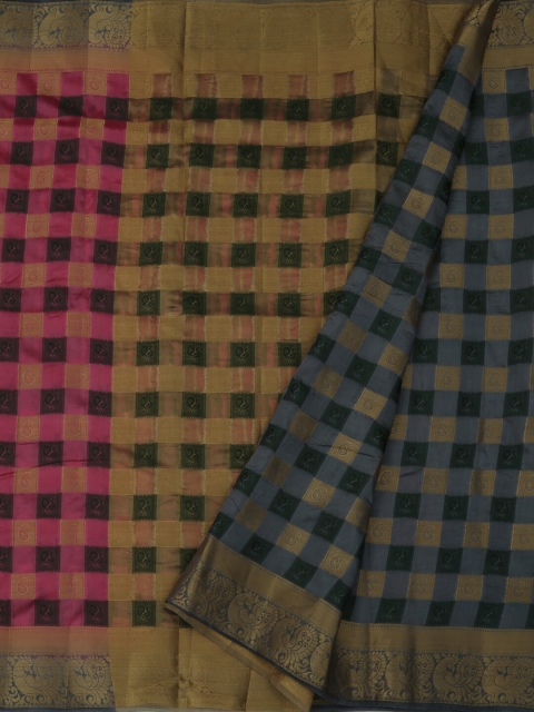 

Pothys Pink & Yellow Jute Silk Checked Saree