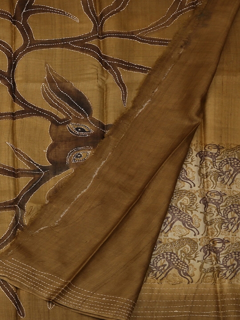 

Pothys Cream-Coloured & Brown Jute Silk Printed Saree