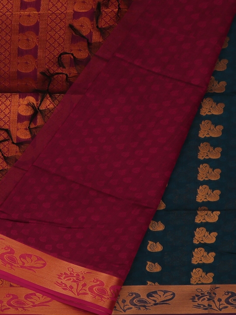 

Pothys Navy Blue & Magenta Silk Cotton Woven Design Saree