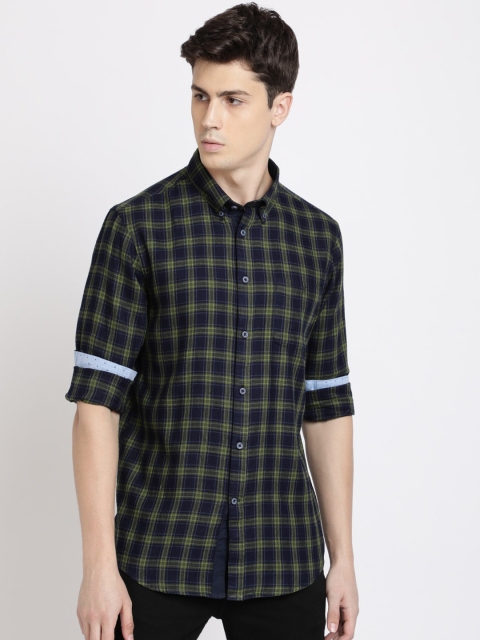 

TED HARBOR Men Green & Blue Slim Fit Checked Casual Shirt