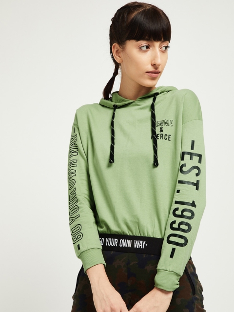 

max Women Green Printed Hooded Sweatshirt