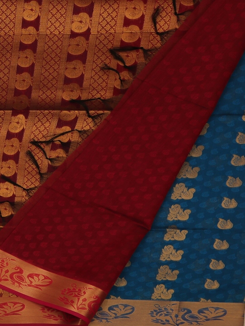 

Pothys Blue & Gold-Toned Silk Cotton Woven Design Saree