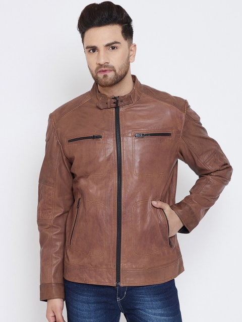 

Justanned Men Brown Solid Lightweight Leather Jacket