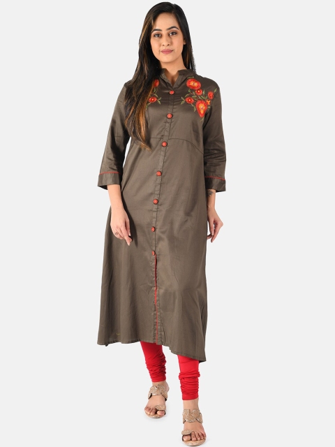 

Neerus Women Olive Green Embroidered Straight Kurta