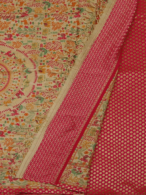 

Pothys Cream-Coloured & Red Jute Silk Printed Saree