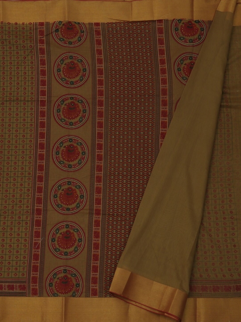 

Pothys Olive Green & Red Cotton Blend Checked Chanderi Saree