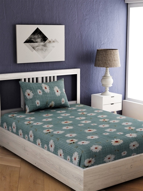 

EverHOME Green Floral 144 TC Cotton 1 Single Bedsheet with 1 Pillow Covers
