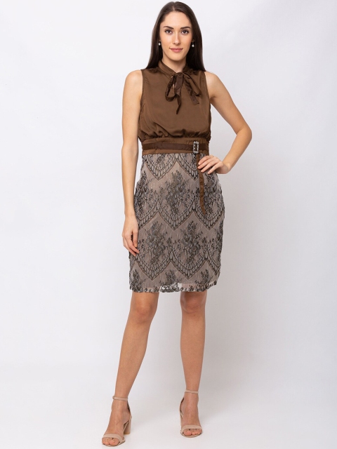 

SHECZZAR Women Brown Printed Sheath Dress