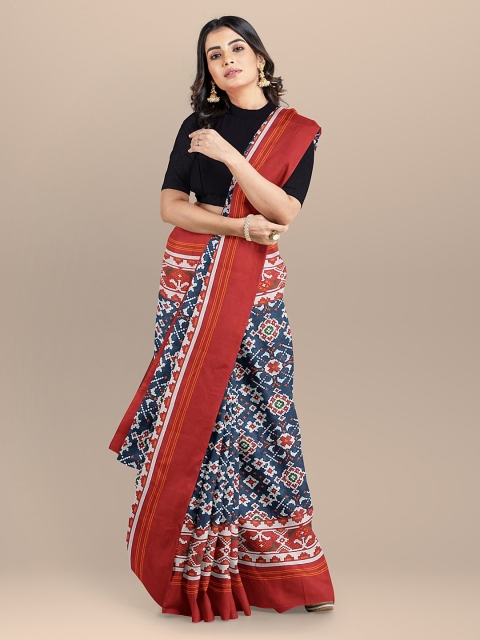 

BharatSthali Orange & Navy Blue HandloomPure Cotton Printed Saree